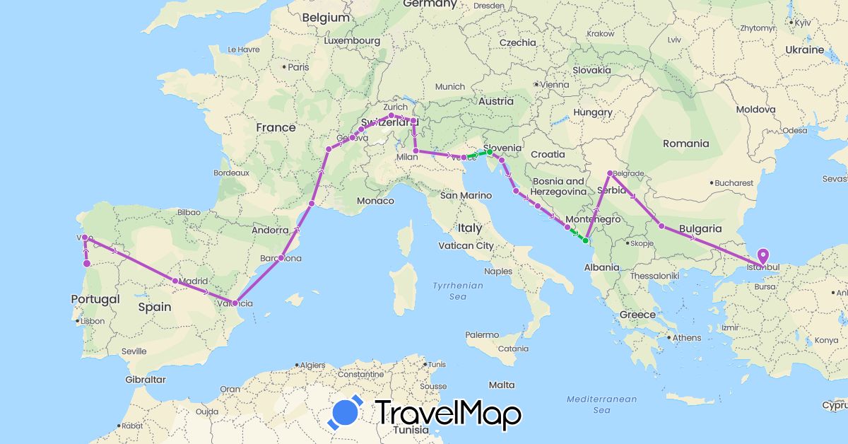 TravelMap itinerary: driving, bus, train in Bulgaria, Switzerland, Spain, France, Croatia, Italy, Montenegro, Portugal, Serbia, Turkey (Asia, Europe)
